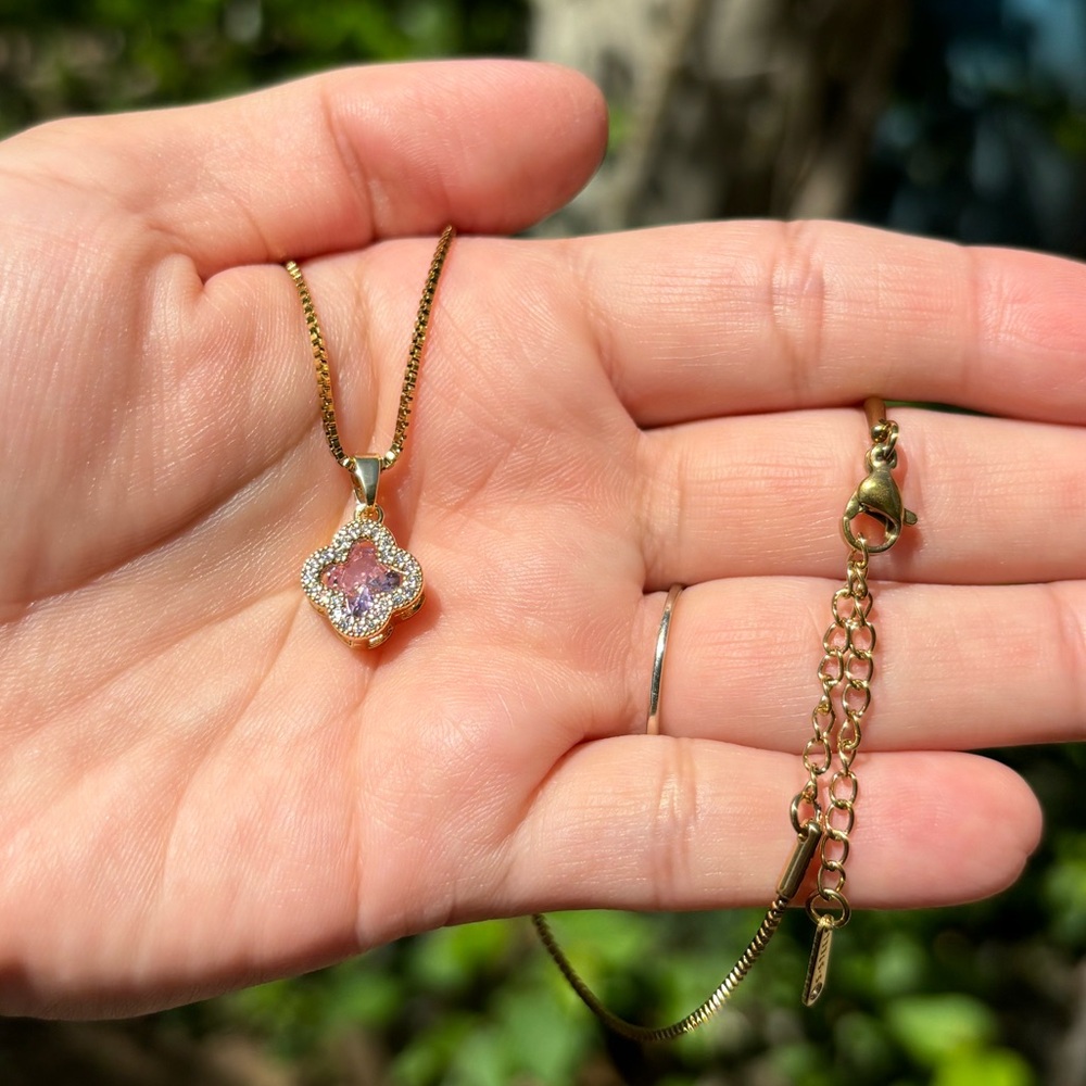 18K Gold Plated Stainless Steel Pink Diamond Clover Necklace